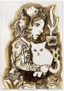 Small Brown Drawing (Multi Faced Girl with White Cat) - 2017, Ink and pencil on paper, 26x18 cm